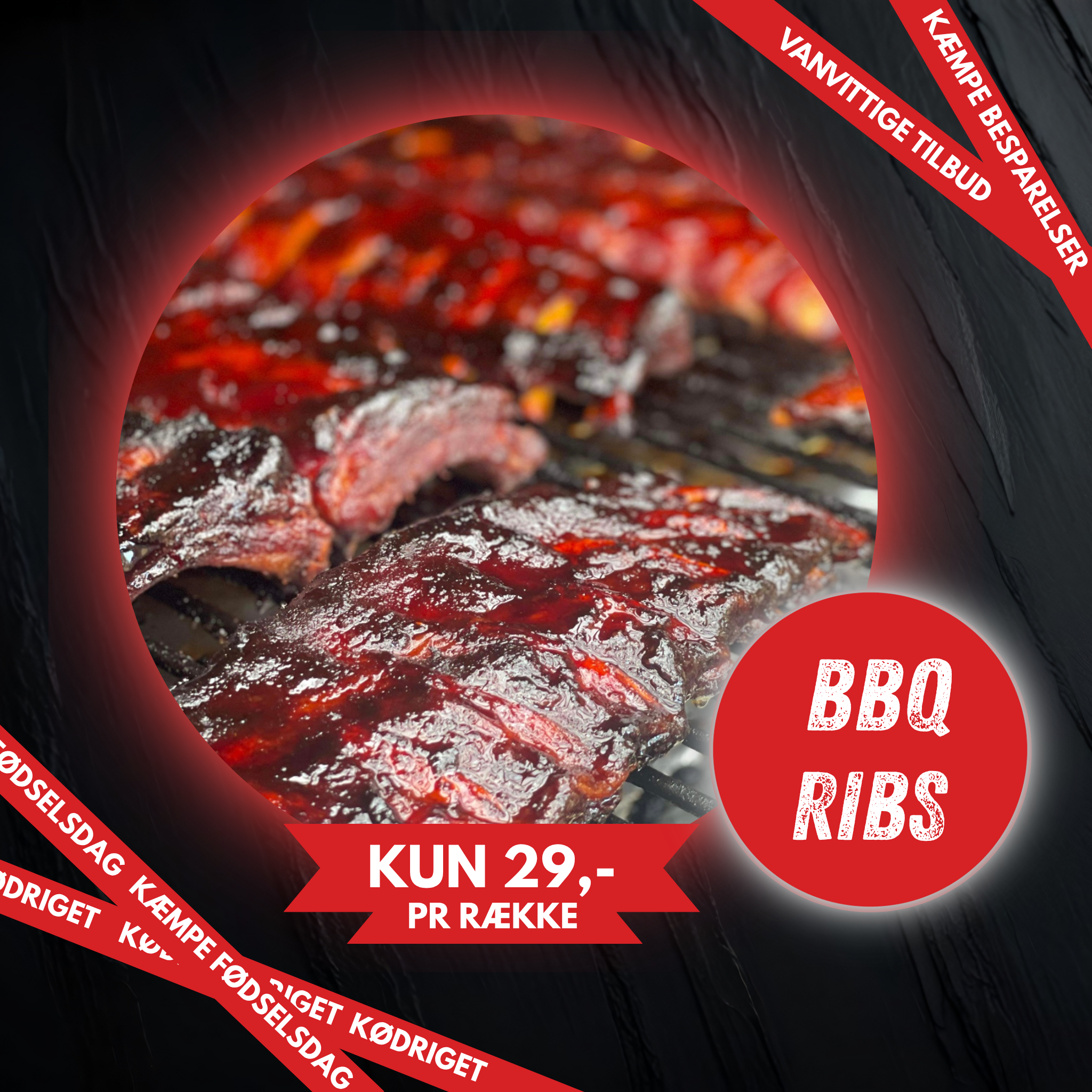 BBQ Ribs. KUN 29,- PR. RÆKKE. SPAR 63%