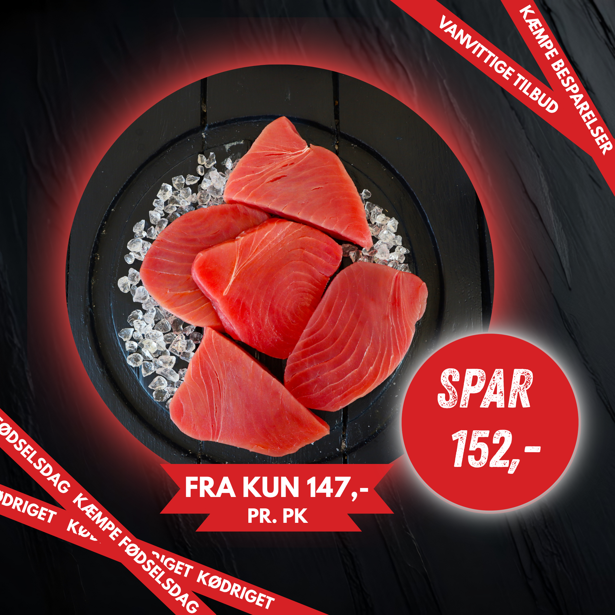 Vildtfanget Rød Tun steak. 1 kilo. HALV PRIS..!