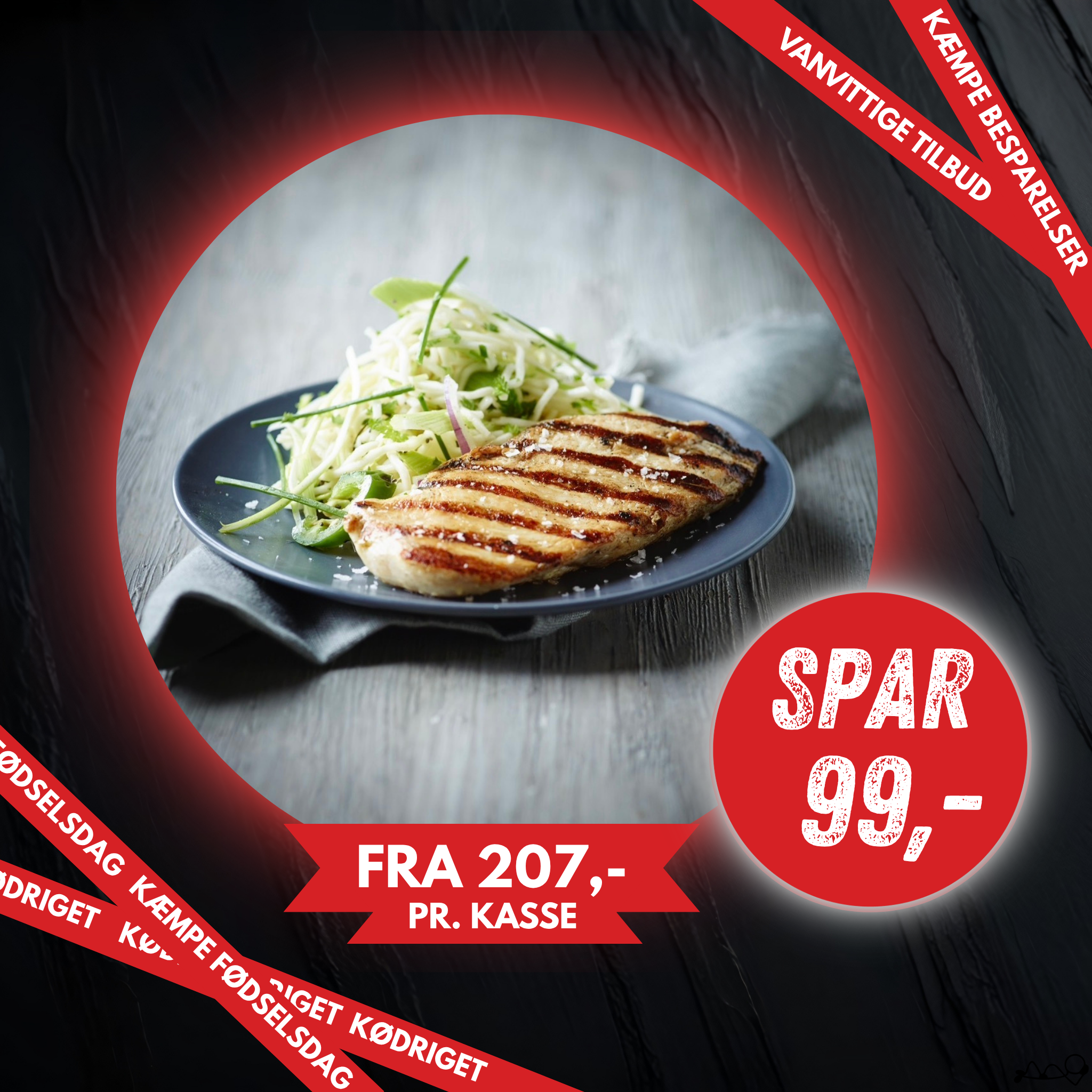 Kyllingebryst færdigstegt. KASSEKØB KUN 11,- pr. filet.