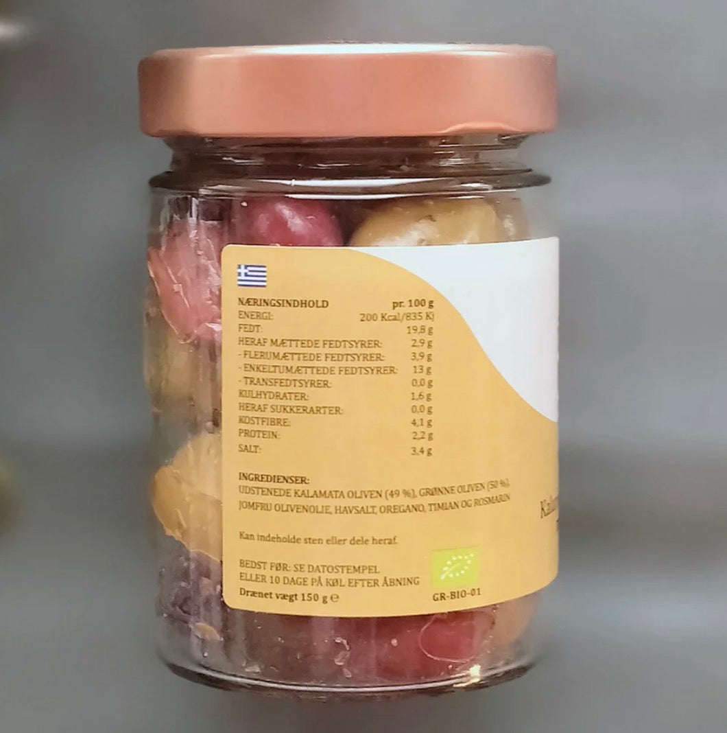 Økologiske Kalamata- & grønne Oliven med Krydderier – uden sten