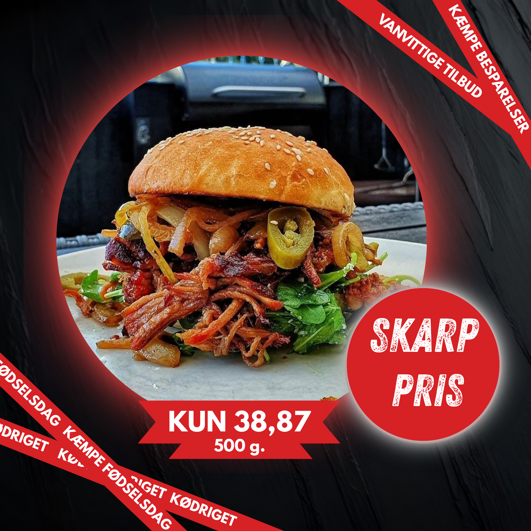 Pulled pork 500g Nok til 4 burger.