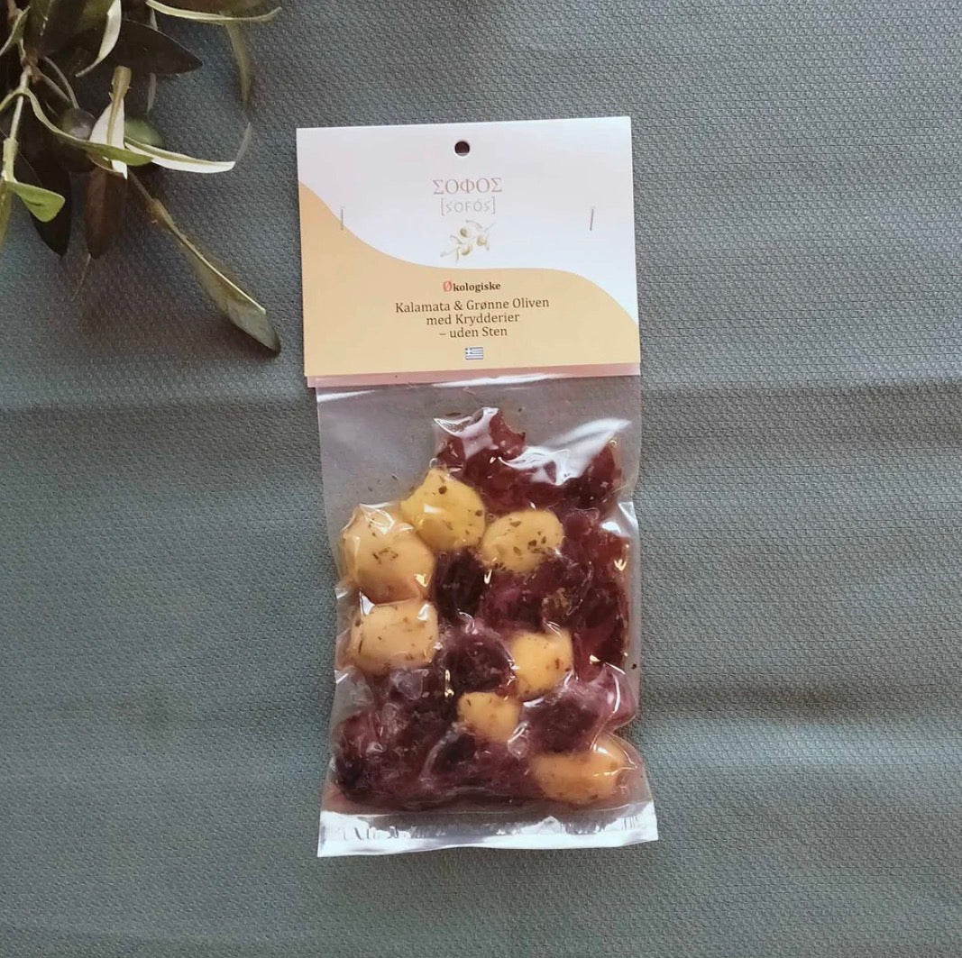 Økologiske Kalamata- & grønne Snackoliven med Krydderier – uden sten