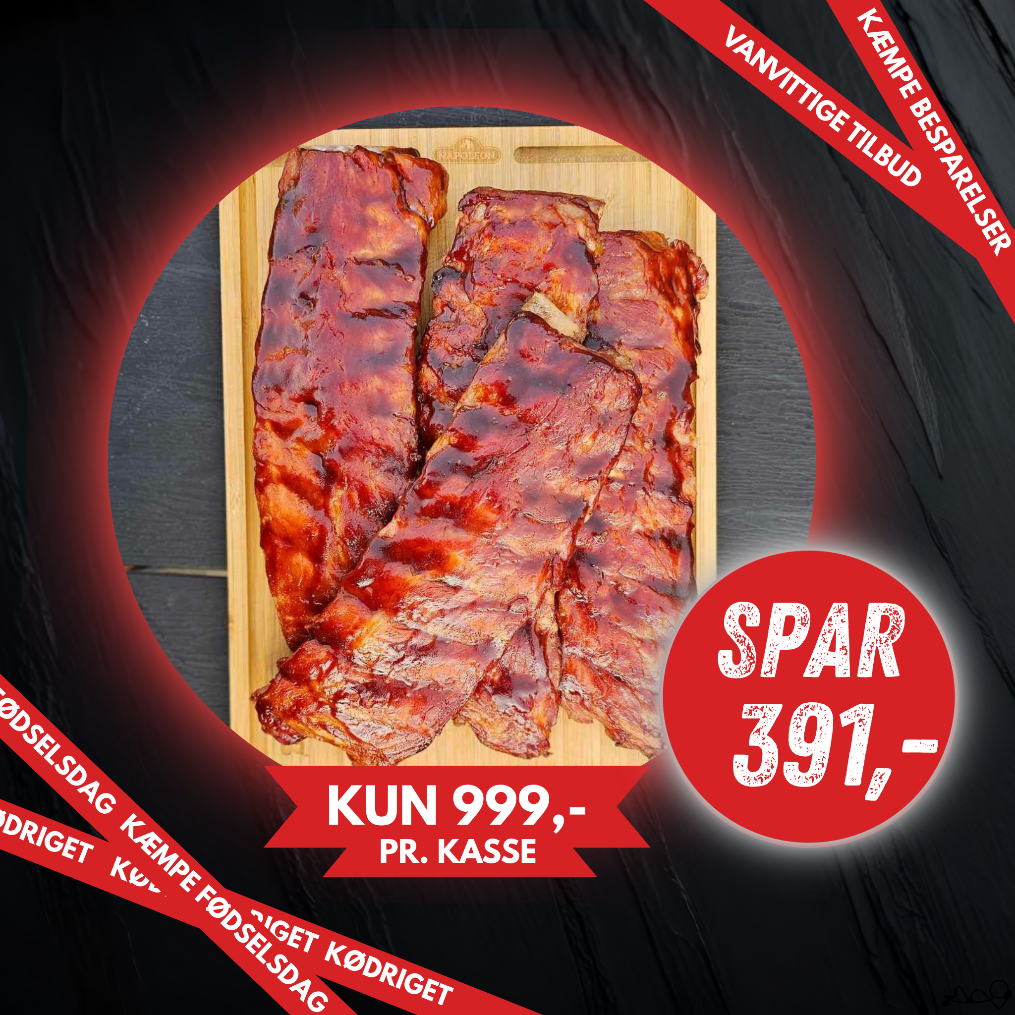 9,5 -10 kilo. KØDRIGETS SPARERIBS - Ned til 42,- pr. række.!