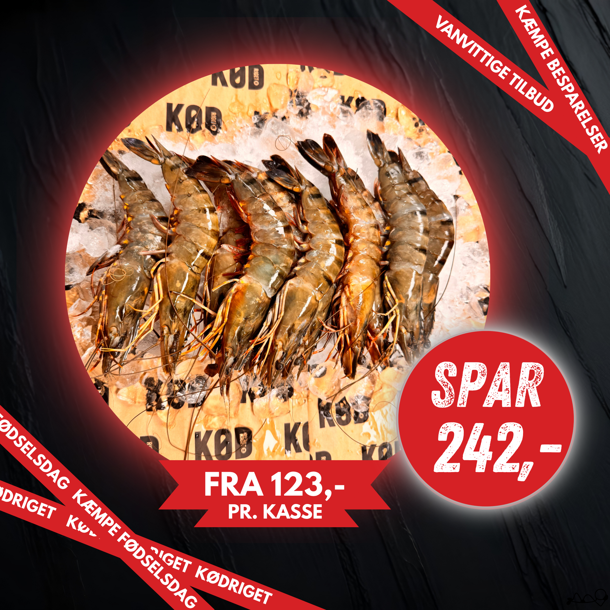 Gigantiske Tiger rejer. SPAR 242,- pr. pk.