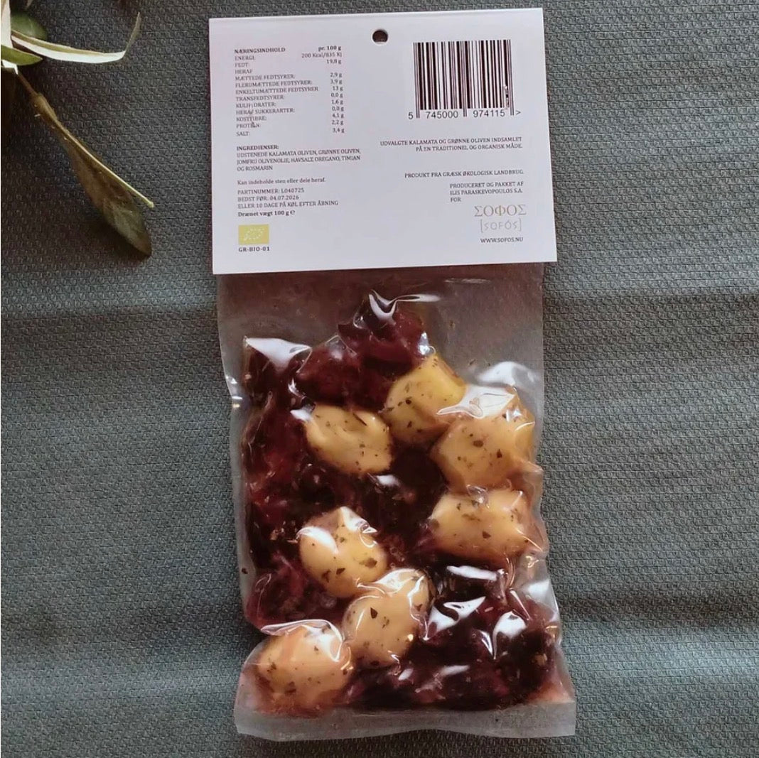 Økologiske Kalamata- & grønne Snackoliven med Krydderier – uden sten
