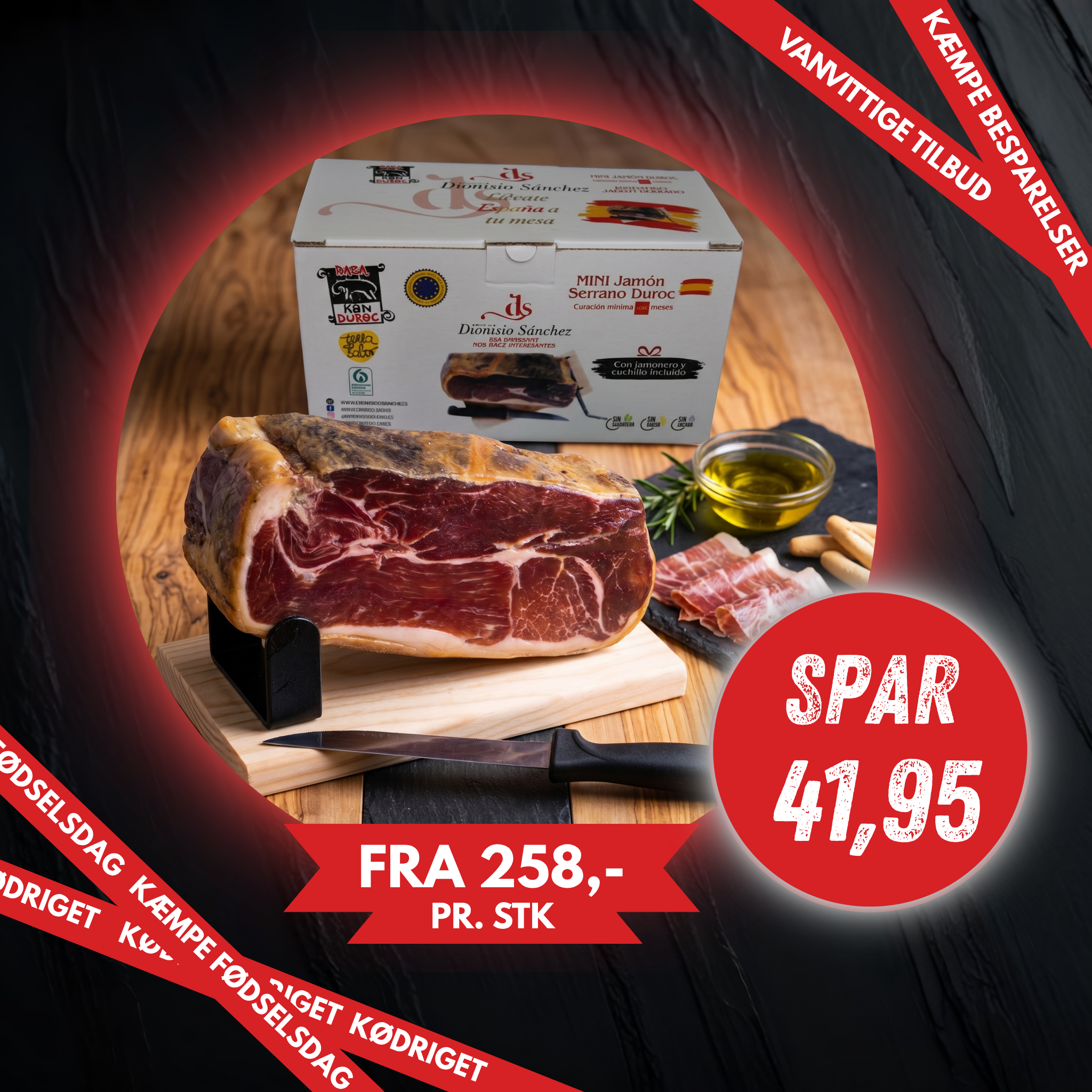 Duroc Jamòn Serrano. Med kniv og holder. NOK TIL 20 personer.
